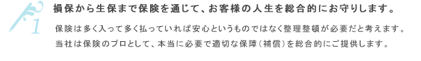 損保から生保まで保険を通じて、お客様の人生を総合的にお守りします。保険は多く入って多く払っていれば安心というものではなく整理整頓が必要だと考えます。当社は保険のプロとして、本当に必要で適切な保障（補償）を総合的にご提供します。